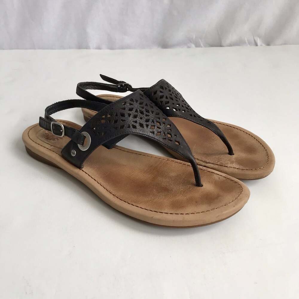 Uggs Women’s Black Cut Out Leather Thong Flat Flip Flop Sandals Size Size 10